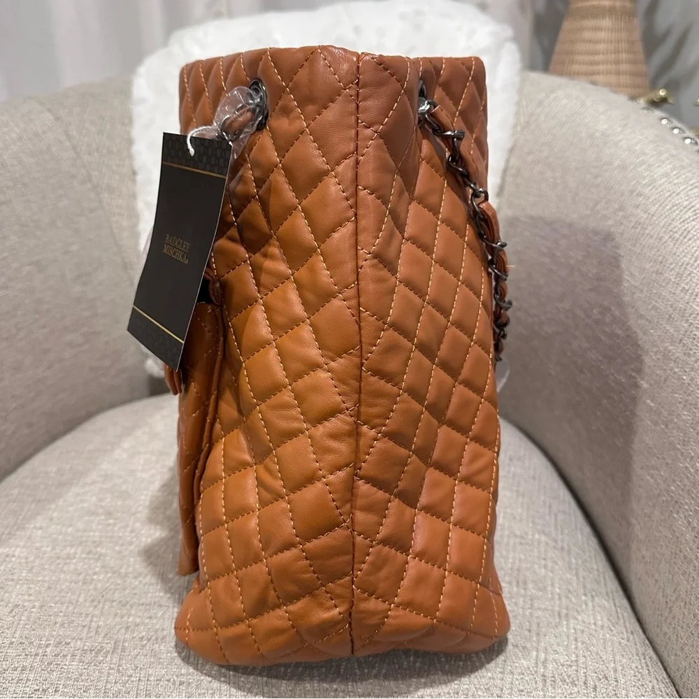 Badgley Mischka Diana Quilted Faux Leather Travel Tote Chain Shoulder Bag purse